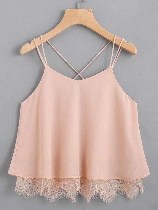 Lace Hem Criss Cross Back Strappy Top TSH210312255PINS S / Pink