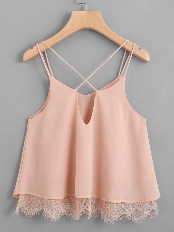 Lace Hem Criss Cross Back Strappy Top