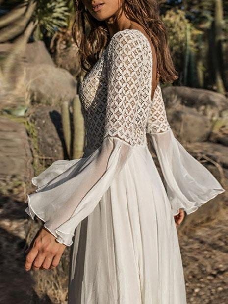 Lace Hollow Flared Sleeve Holiday Long Dress DRE2107171995WHIS White / One Size