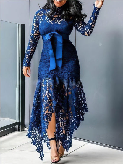 Lace Hollow Long Sleeve Stand Collar Irregular Dress