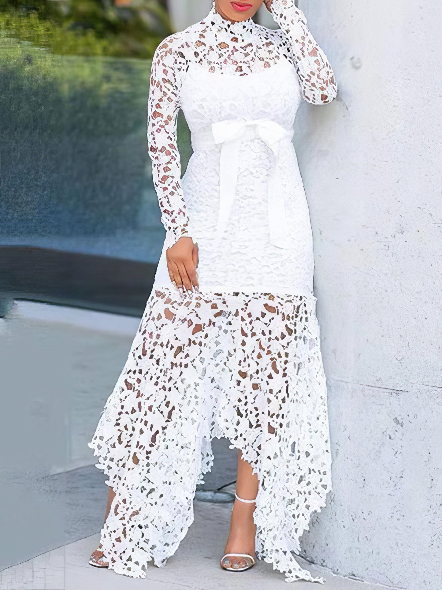 Lace Hollow Long Sleeve Stand Collar Irregular Dress