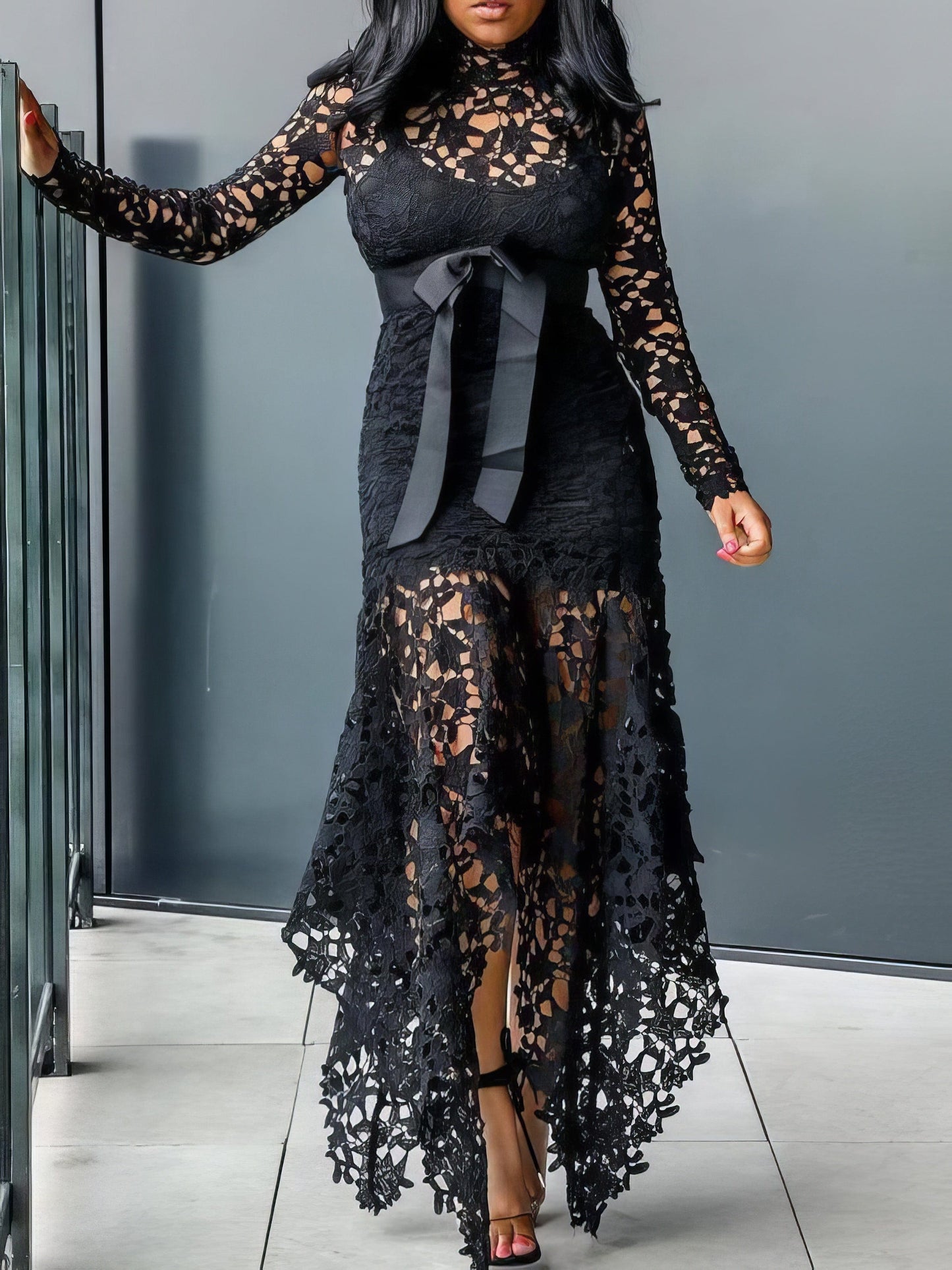 Lace Hollow Long Sleeve Stand Collar Irregular Dress