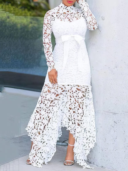 Lace Hollow Long Sleeve Stand Collar Irregular Dress DRE2109272678WHIS White / 2 (S)