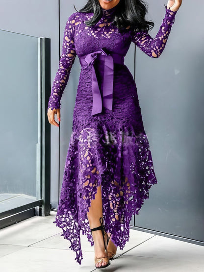 Lace Hollow Long Sleeve Stand Collar Irregular Dress DRE2109272678PURS Purple / 2 (S)