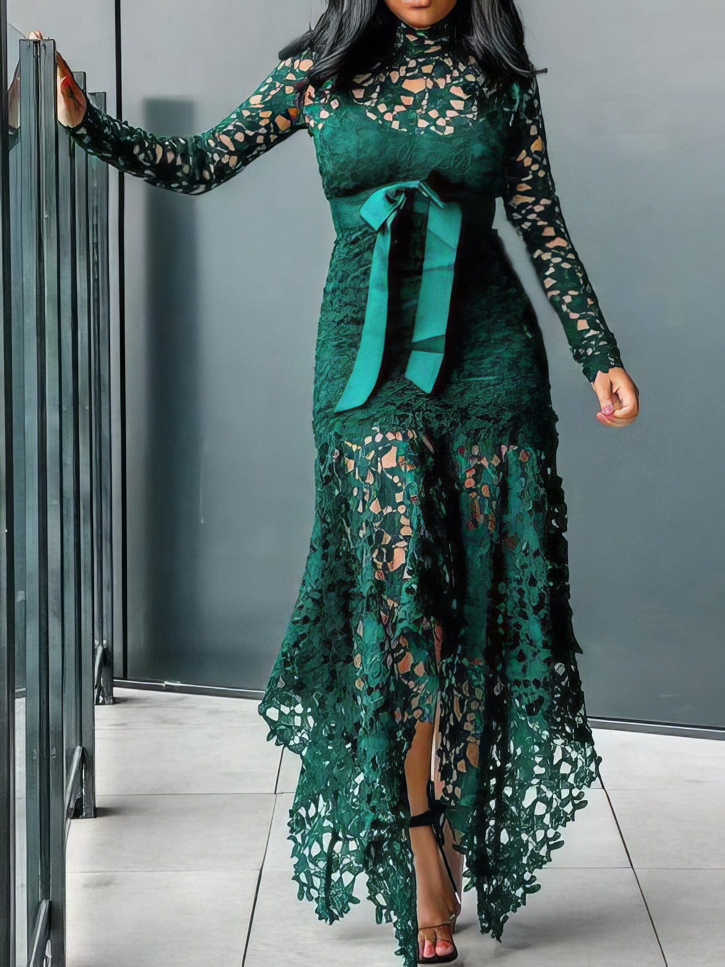 Lace Hollow Long Sleeve Stand Collar Irregular Dress DRE2109272678GRES Green / 2 (S)