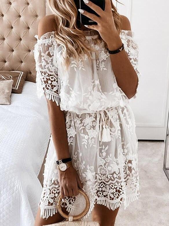 Lace One Shoulder Short Sleeve Mini Dress DRE2107272350WHIS White / S