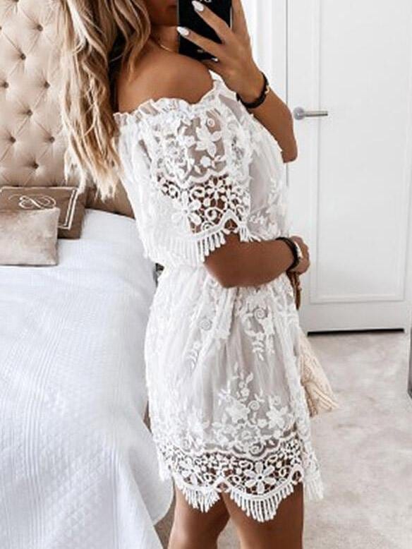 Lace One Shoulder Short Sleeve Mini Dress