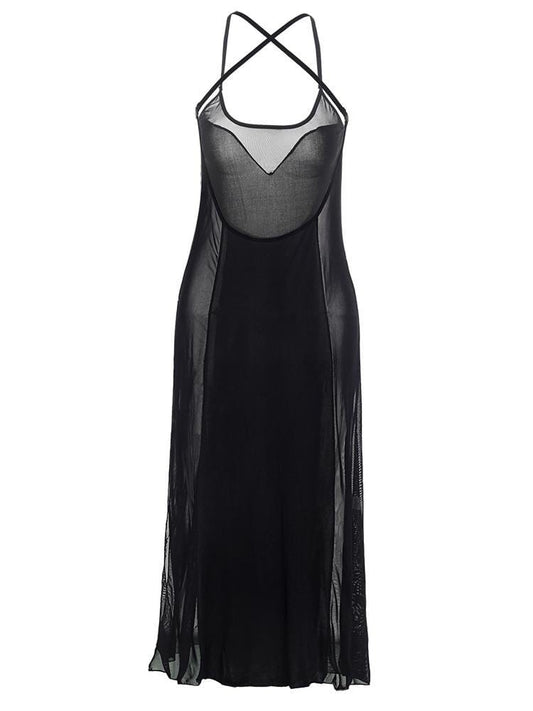 Lace Open-back Slit Suspender Nightdress LIN2106030003BLAS Black / S