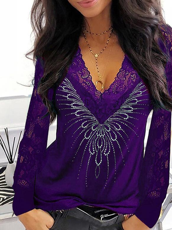 Lace Print V-Neck Long Sleeve T-Shirt TSH2110261920PUR5XL Purple / 5XL