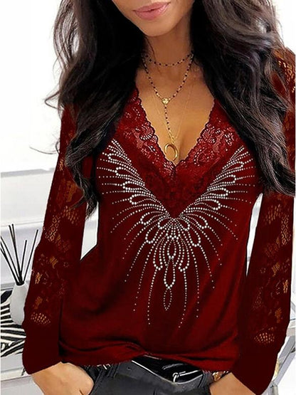 Lace Print V-Neck Long Sleeve T-Shirt TSH2110261920RED5XL Red / 5XL