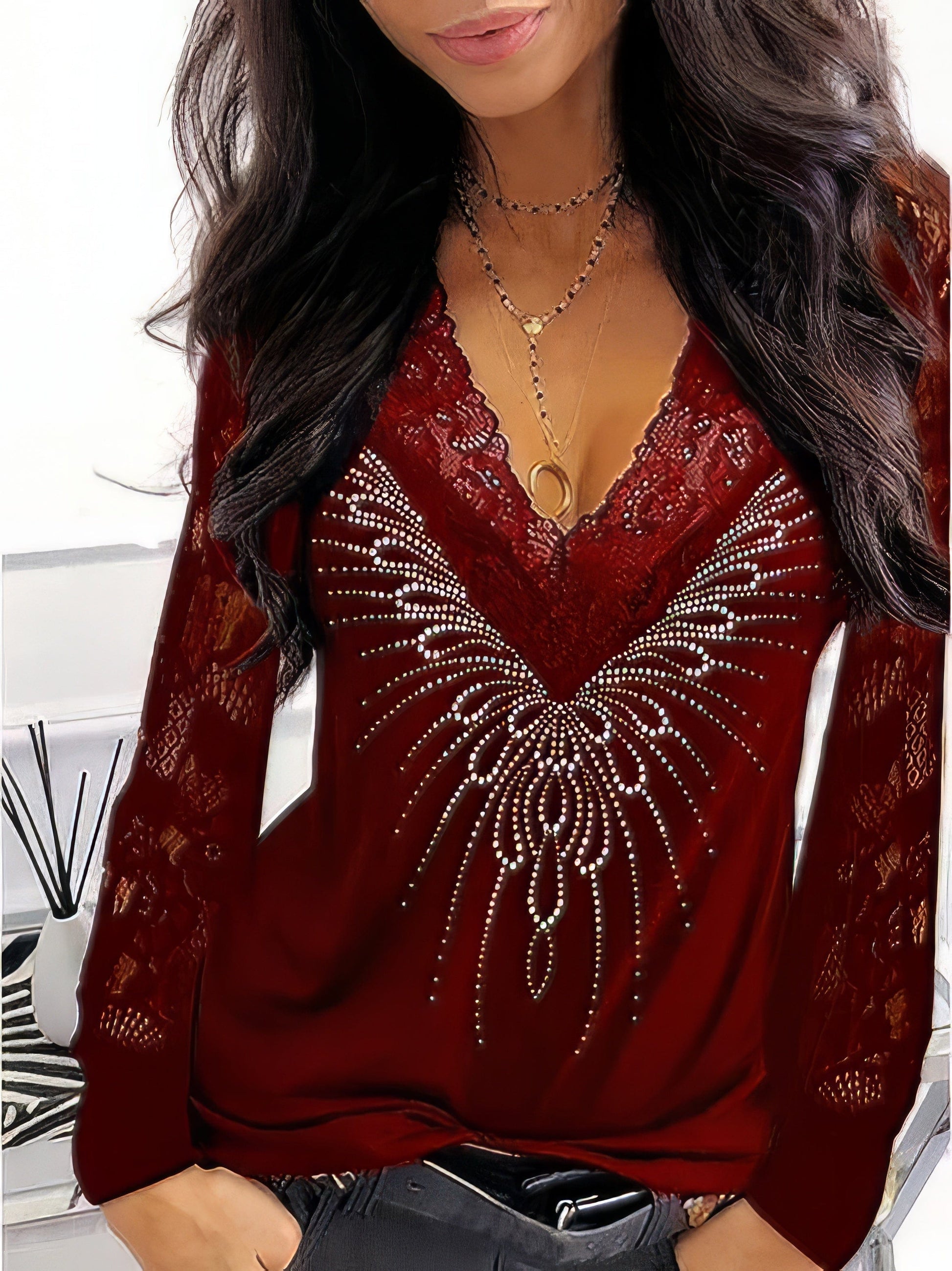 Lace Print V-Neck Long Sleeve T-Shirt