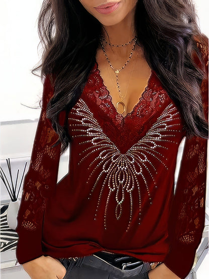 Lace Print V-Neck Long Sleeve T-Shirt