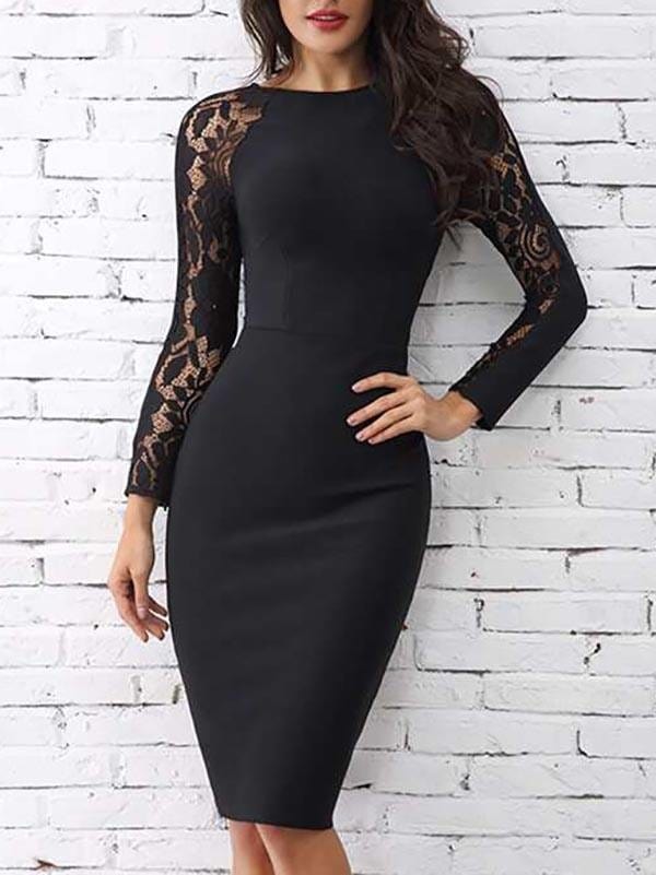 Lace Raglan Sleeve Bodycon Dress for Women DRE210302349BLAS S / Black