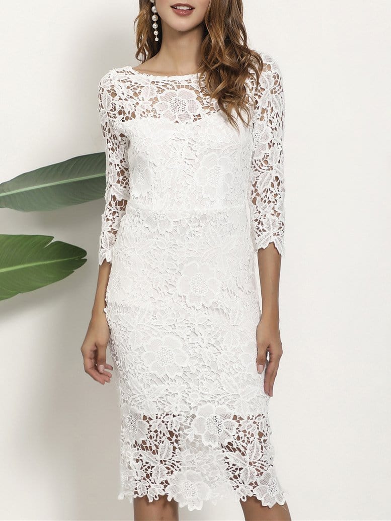 Lace Round Neck Long-sleeved Pencil Midi Dress DRE2107081769WHIS White / S