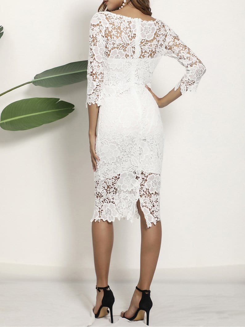 Lace Round Neck Long-sleeved Pencil Midi Dress