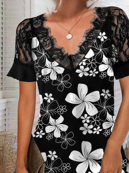 Lace Short-sleeved Fashion Print Dress