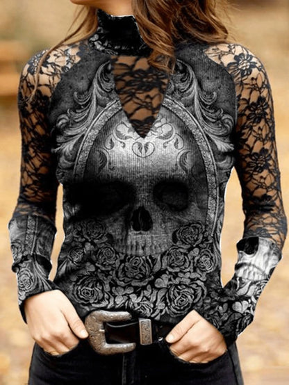 Lace Skull Print Long Sleeve T-Shirt