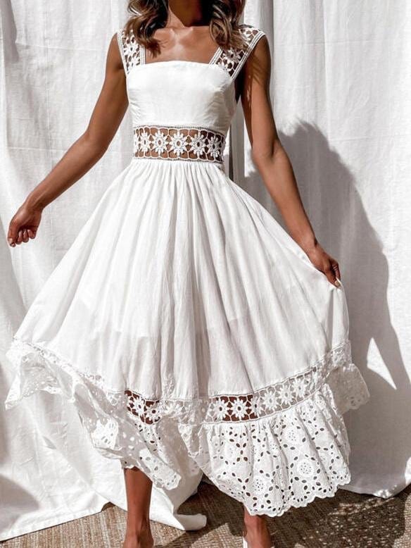 Lace Sleeveless Stitching Hollow Dress for Women