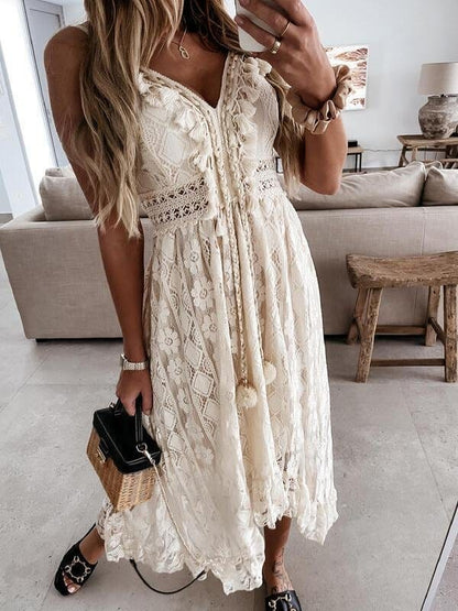 Lace Sling Solid Color Sleeveless Dress for Women