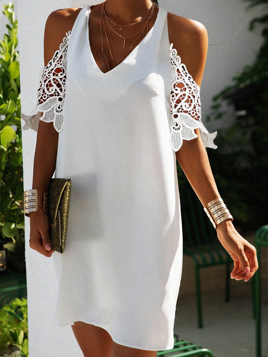 Lace Solid V-neck 3/4 Sleeve Fashion Dress DRE2107161961WHIS White / S