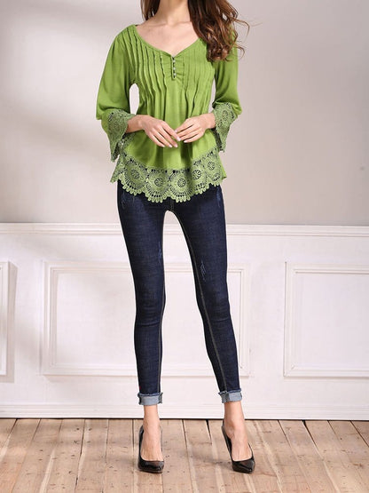 Lace Splice Cotton Nine Point Sleeve T-Shirt TSH2211292778GRES Green / 2 (S)