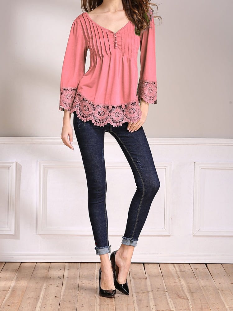 Lace Splice Cotton Nine Point Sleeve T-Shirt TSH2211292778WREDS Pink / 2 (S)