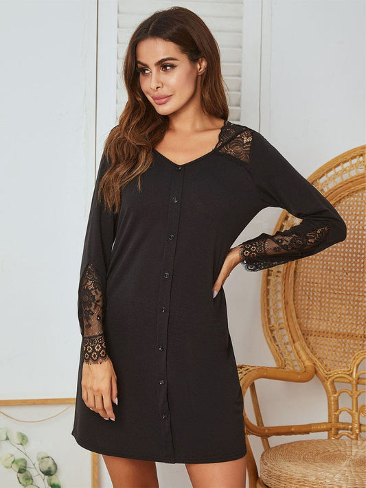 Lace Stitching Comfortable Long Sleeve Pajama cc3PAJ2305240017BLAS Black / 2 (S)