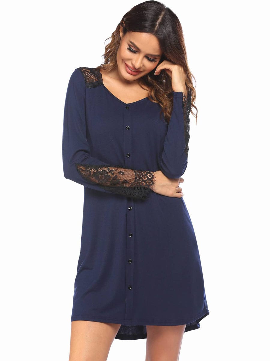Lace Stitching Comfortable Long Sleeve Pajama cc3PAJ2305240017NAVS Navy / 2 (S)