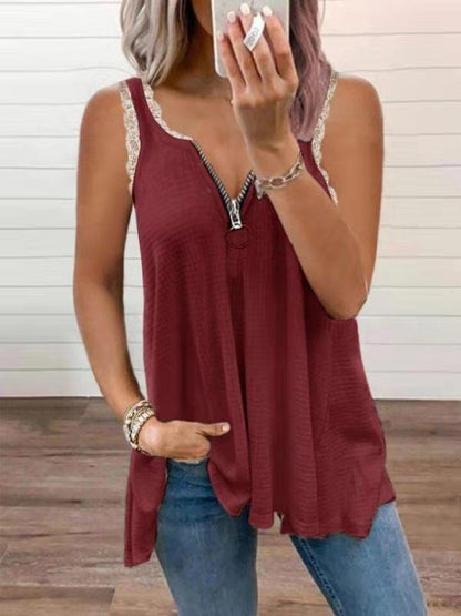 Lace Stitching Low-cut Solid Tank Top