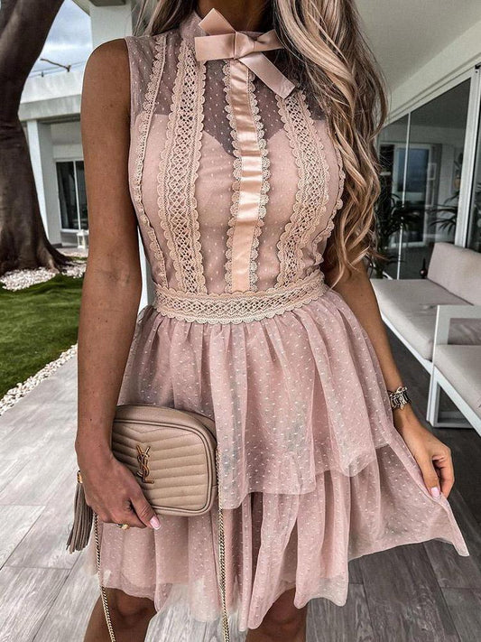 Lace Stitching Mesh Sleeveless Dress DRE2106110365PINS Pink / S