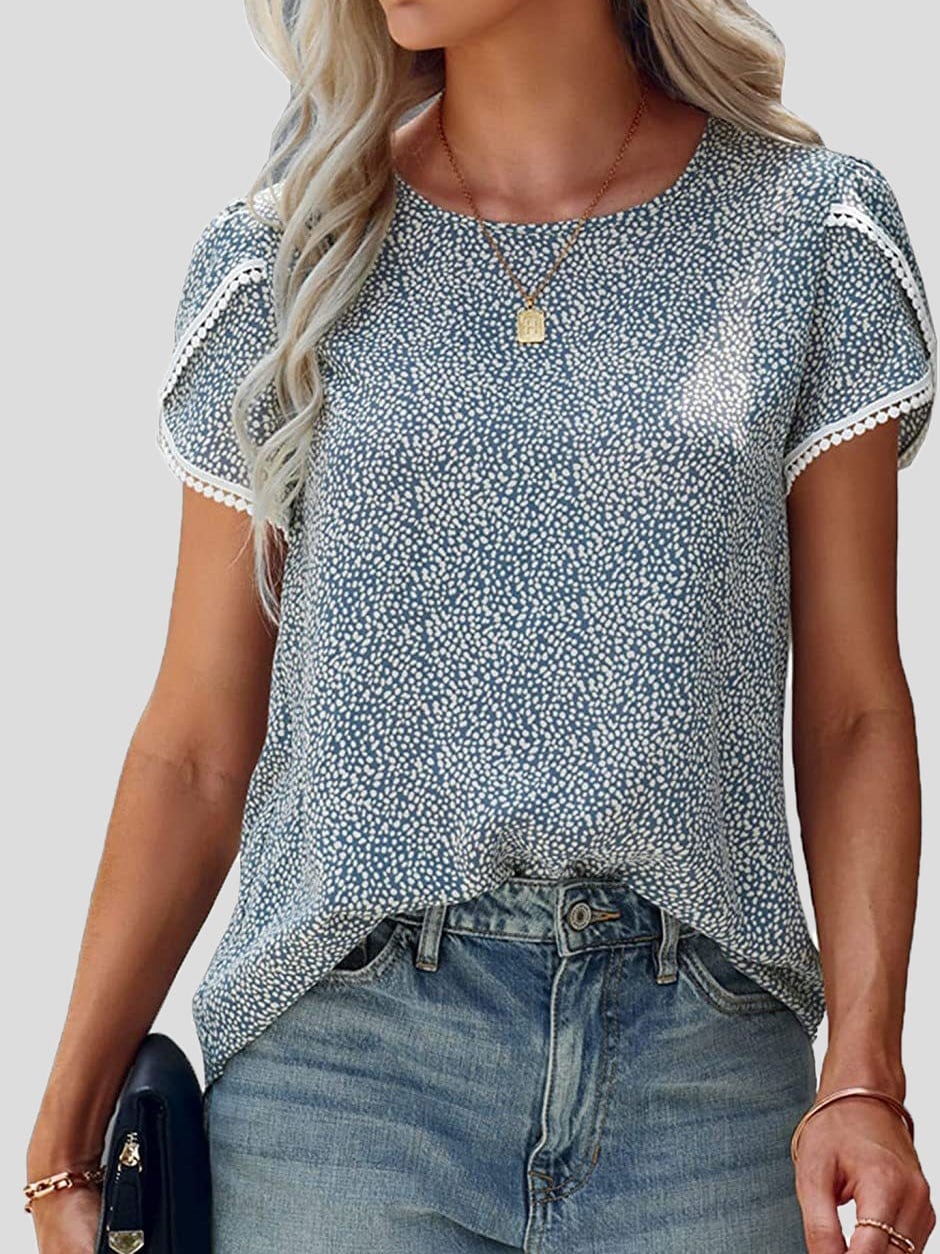 Lace Stitching Polka Dot Short Sleeve T-Shirt cc1TSH2201072179BLUS Blue / 2 (S)