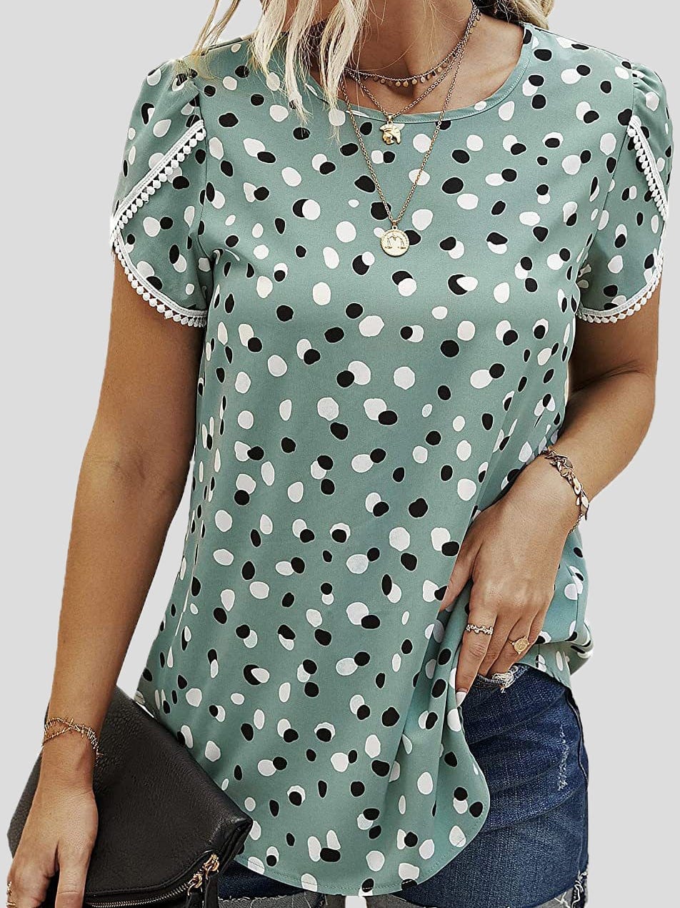 Lace Stitching Polka Dot Short Sleeve T-Shirt cc1TSH2201072179GRES Green / 2 (S)