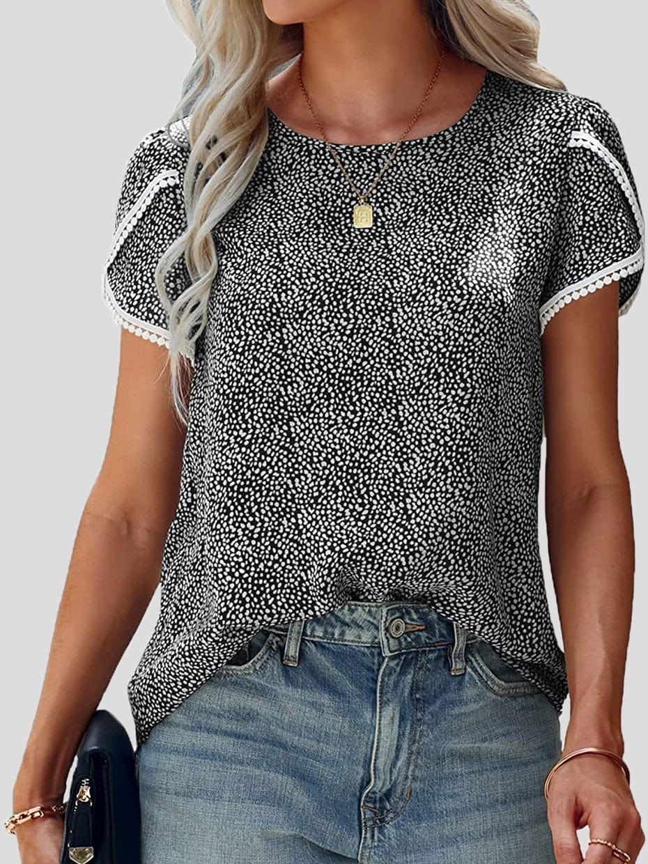 Lace Stitching Polka Dot Short Sleeve T-Shirt