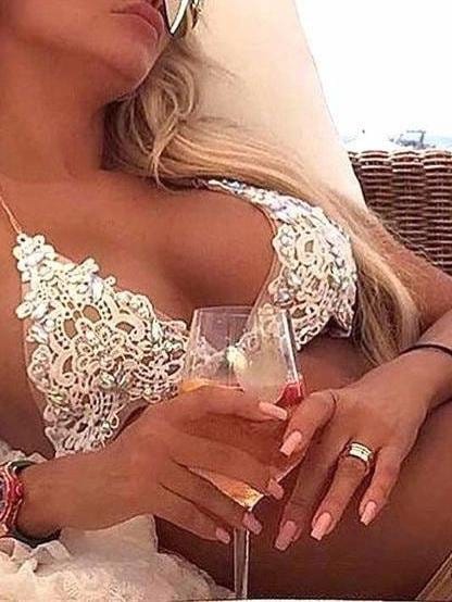 Lace Stitching Rhinestone Decorated Lace-Up Bikini Set