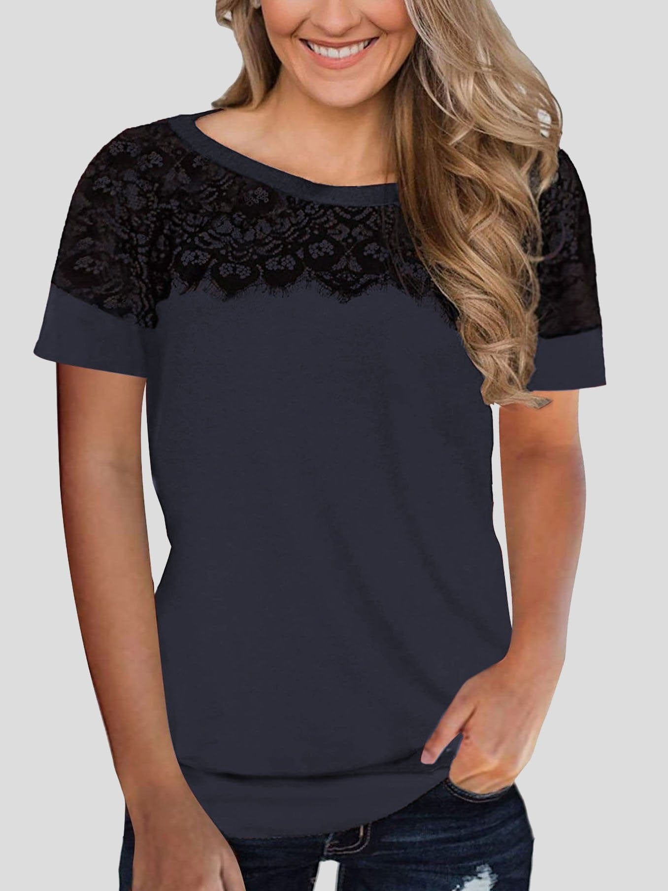 Lace Stitching Short-sleeved T-shirt TSH2106241150NBLUS Navy Blue / S