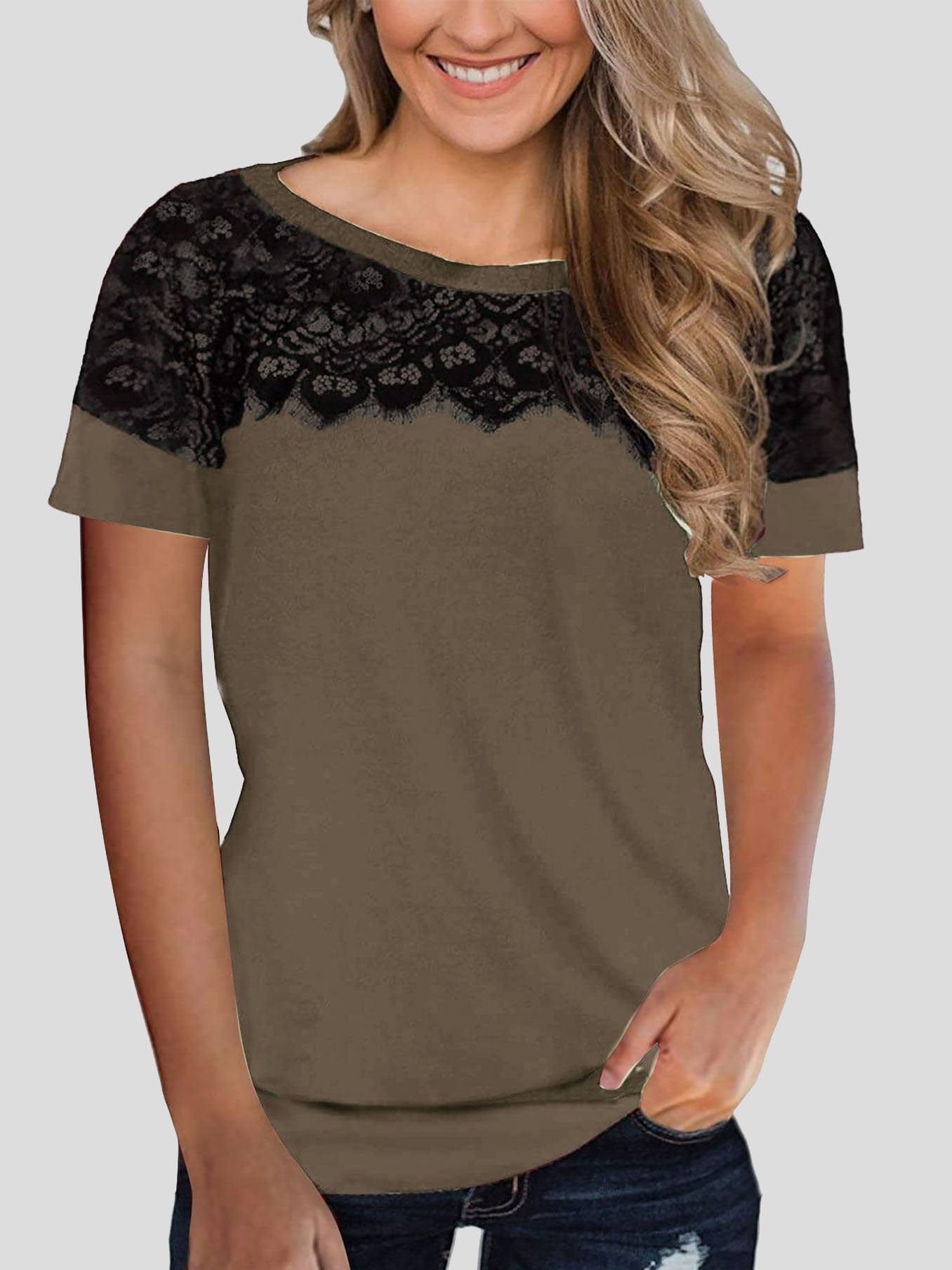 Lace Stitching Short-sleeved T-shirt TSH2106241150BROS Brown / S