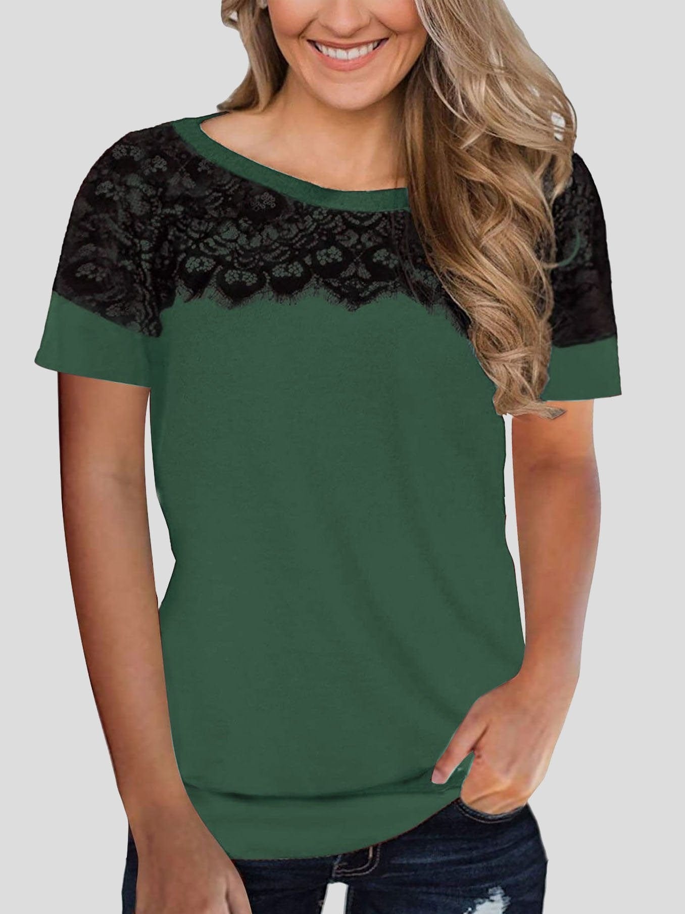 Lace Stitching Short-sleeved T-shirt TSH2106241150GRES Green / S