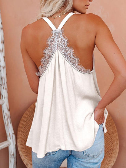 Lace Stitching Sling Type V-Neck Tank Tops