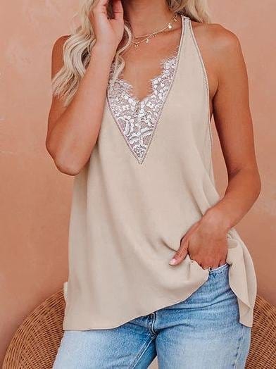 Lace Stitching Sling Type V-Neck Tank Tops