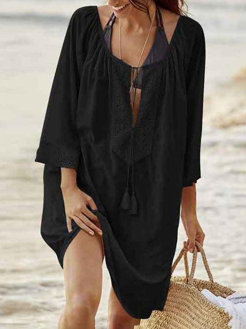 Lace Stitching Solid Sunscreen Beach Mini Dresses DRE2107031604BLA Black / One Size