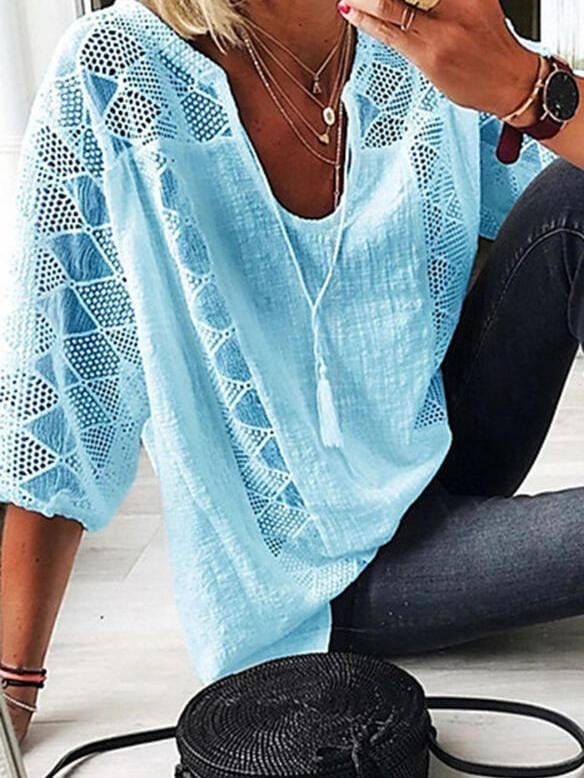 Lace Stitching U-neck 3/4 Sleeve Blouse cc1BLO210520270LIGHTBLUS LightBlue / 2 (S)