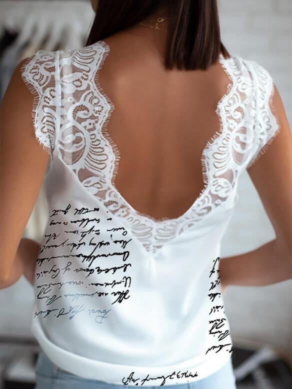 Lace Stitching V-Neck Printing Tank Tops
