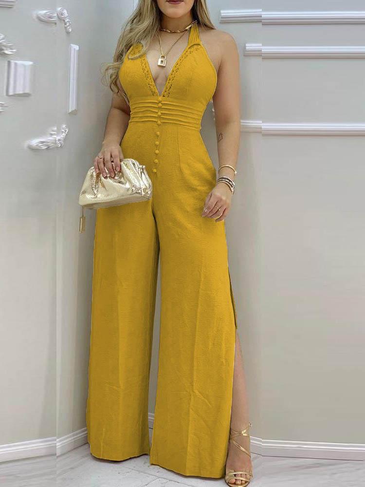 Lace Trim Buttoned Backless Slit Jumpsuit JUM210430053YELS Yellow / S