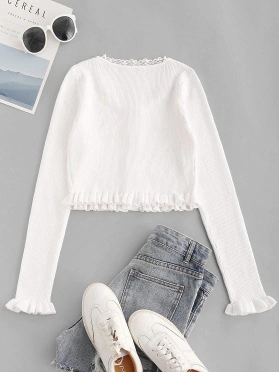 Lace Trim Frilled Ribbed Slim Knitwear for Women