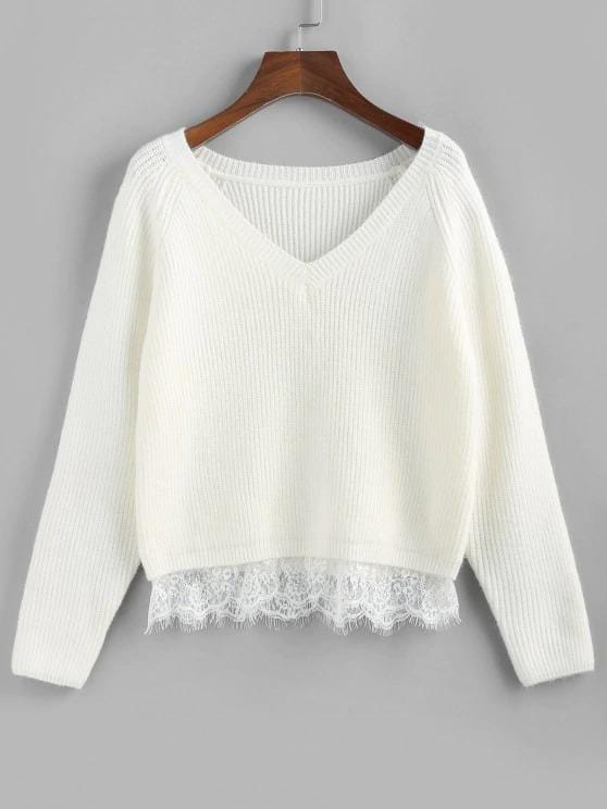 Lace Trim Raglan Sleeve Sweater for Women SWE210313461CRWHI Creamy White / ONE SIZE