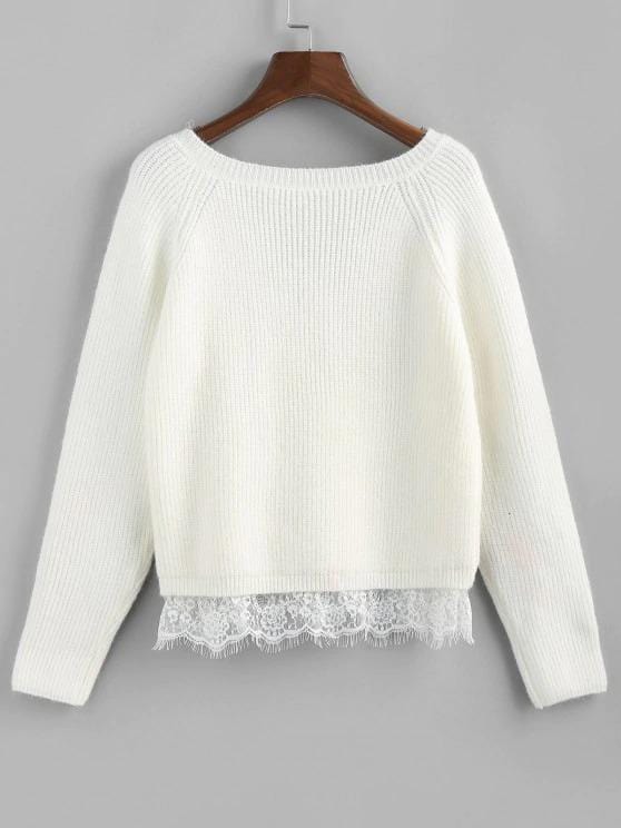 Lace Trim Raglan Sleeve Sweater for Women SWE210313461CRWHI Creamy White / ONE SIZE