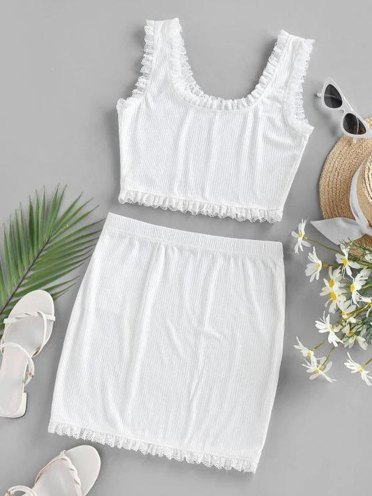 Lace Trim Ribbed Two Piece Mini Dress temp2021751650 White / S