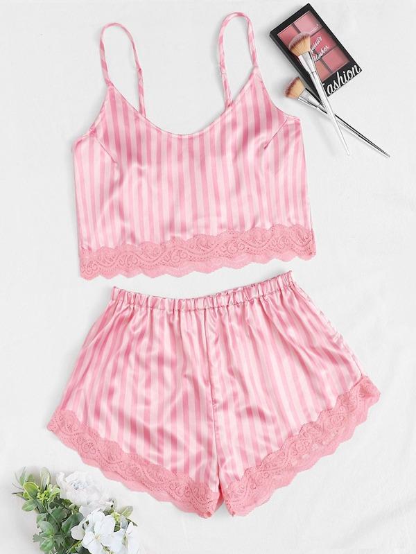 Lace Trim Satin Cami With Shorts LIN210223090PINS Pink / S