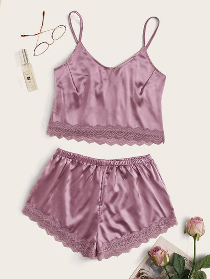 Lace Trim Satin Cami With Shorts LIN210223090PURS Purple / S