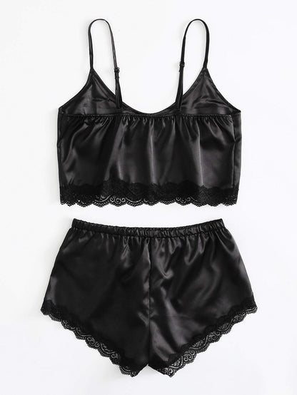 Lace Trim Satin Cami With Shorts
